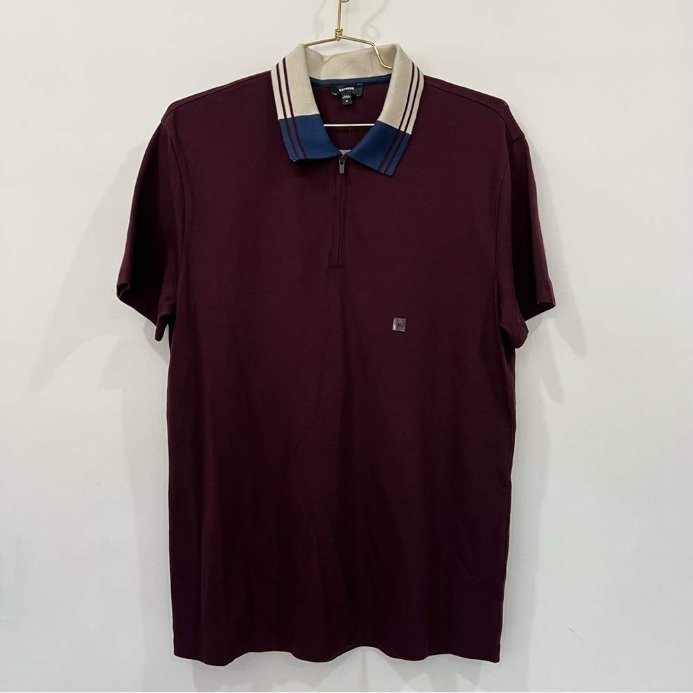 Express Maroon 1/4 Zip Polo Shirt Short Sleeve Size Medium Burgundy